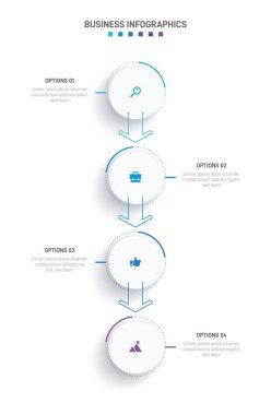 Dikey ilerleme çubuğunda, iş stratejisi ve ilerlemenin dört aşamasını sembolize eden 4 ok şeklindeki unsurlar yer alıyor. Temiz zaman çizelgesi bilgi tasarım şablonu. Mobil sunum için vektör