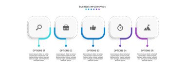 Yatay ilerleme çubuğunda, iş stratejisinin ve ilerlemenin beş aşamasını sembolize eden 5 ok şeklinde element yer alıyor. Temiz zaman çizelgesi bilgi tasarım şablonu. Sunum için vektör.