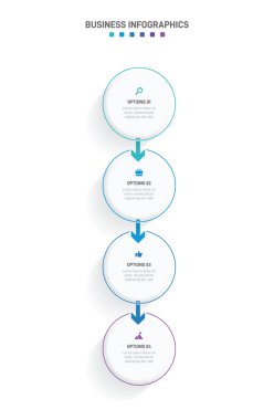 Dikey ilerleme çubuğunda, iş stratejisi ve ilerlemenin dört aşamasını sembolize eden 4 ok şeklindeki unsurlar yer alıyor. Temiz zaman çizelgesi bilgi tasarım şablonu. Mobil sunum için vektör