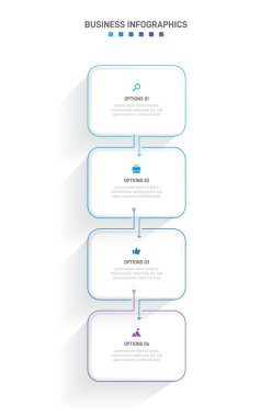 Dikey ilerleme çubuğunda, iş stratejisi ve ilerlemenin dört aşamasını sembolize eden 4 ok şeklindeki unsurlar yer alıyor. Temiz zaman çizelgesi bilgi tasarım şablonu. Mobil sunum için vektör