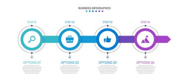 Yatay ilerleme çubuğunda 4 ok şeklindeki elementler iş stratejisinin ve ilerlemenin dört aşamasını sembolize eder. Temiz zaman çizelgesi bilgi tasarım şablonu. Sunum için vektör.
