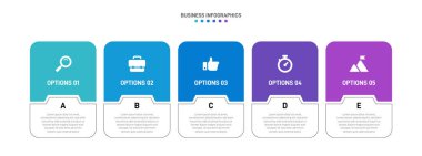 Yatay ilerleme çubuğunda, iş stratejisinin ve ilerlemenin beş aşamasını sembolize eden 5 ok şeklinde element yer alıyor. Temiz zaman çizelgesi bilgi tasarım şablonu. Sunum için vektör.
