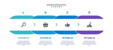 Yatay ilerleme çubuğunda 4 ok şeklindeki elementler iş stratejisinin ve ilerlemenin dört aşamasını sembolize eder. Temiz zaman çizelgesi bilgi tasarım şablonu. Sunum için vektör.