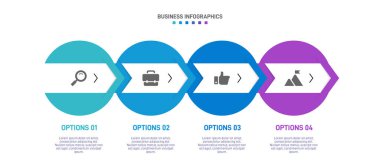Yatay ilerleme çubuğunda 4 ok şeklindeki elementler iş stratejisinin ve ilerlemenin dört aşamasını sembolize eder. Temiz zaman çizelgesi bilgi tasarım şablonu. Sunum için vektör.