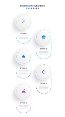 Dikey ilerleme çubuğunda, iş stratejisi ve ilerlemenin beş aşamasını sembolize eden 5 ok şeklinde element yer alıyor. Temiz zaman çizelgesi bilgi tasarım şablonu. Mobil sunum için vektör