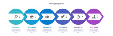 Yatay ilerleme çubuğunda iş stratejisinin ve ilerlemenin altı aşamasını sembolize eden 6 ok şeklindeki unsurlar yer alıyor. Temiz zaman çizelgesi bilgi tasarım şablonu. Sunum için vektör.