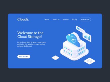İzometrik Bulut Depolama Sunucusu Rafı ve Bulut Sembolü ile Modern İniş Sayfası Tasarımı. Web Ev Sahipliği ve Veri Depolama için Bulut Hesaplama Teknolojisinin Kavramsal İllüstrasyonu.