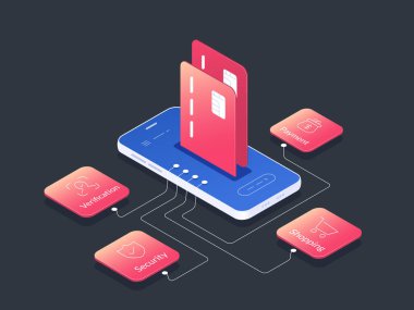 Banka Kartları ve Ödeme Simgeleri Isometric Style ile Bir Akıllı Telefonun Vektör İllüstrasyonu. Dijital Ödemelerde Güvenli Aktarımlar, Satın Alma Doğrulaması ve Mali Güvenliği Sunar.