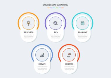 5 temiz bilgi tasarımı, iş stratejisinin ve ilerlemenin beş aşamasını sembolize eden şablon şeklindeki elementler. İlerleme çubuğu ya da zaman çizelgesi. Sunum, web sitesi veya uygulama için vektör