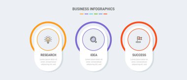 3 temiz bilgi tasarımı, iş stratejisinin ve ilerlemenin üç aşamasını simgeleyen şablon şeklindeki elementler. İlerleme çubuğu ya da zaman çizelgesi. Sunum, web sitesi veya uygulama için vektör
