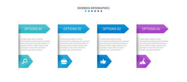 Yatay ilerleme çubuğunda 4 ok şeklindeki elementler iş stratejisinin ve ilerlemenin dört aşamasını sembolize eder. Temiz zaman çizelgesi bilgi tasarım şablonu. Sunum için vektör.