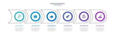 Yatay ilerleme çubuğunda iş stratejisinin ve ilerlemenin altı aşamasını sembolize eden 6 ok şeklindeki unsurlar yer alıyor. Temiz zaman çizelgesi bilgi tasarım şablonu. Sunum için vektör.