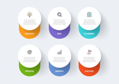 6 temiz bilgi tasarımı, iş stratejisinin ve ilerlemenin altı aşamasını simgeleyen şablon şeklindeki elementler. İlerleme çubuğu ya da zaman çizelgesi. Sunum, web sitesi veya uygulama için vektör