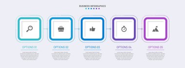 Yatay ilerleme çubuğunda, iş stratejisinin ve ilerlemenin beş aşamasını sembolize eden 5 ok şeklinde element yer alıyor. Temiz zaman çizelgesi bilgi tasarım şablonu. Sunum için vektör.