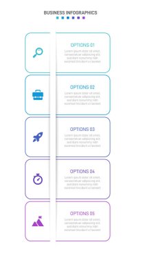 Dikey ilerleme çubuğunda, iş stratejisi ve ilerlemenin beş aşamasını sembolize eden 5 ok şeklinde element yer alıyor. Temiz zaman çizelgesi bilgi tasarım şablonu. Mobil sunum için vektör