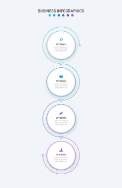 Dikey ilerleme çubuğunda, iş stratejisi ve ilerlemenin dört aşamasını sembolize eden 4 ok şeklindeki unsurlar yer alıyor. Temiz zaman çizelgesi bilgi tasarım şablonu. Mobil sunum için vektör