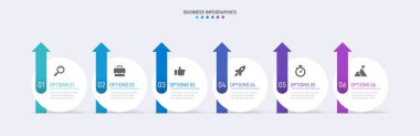 Yatay ilerleme çubuğunda iş stratejisinin ve ilerlemenin altı aşamasını sembolize eden 6 ok şeklindeki unsurlar yer alıyor. Temiz zaman çizelgesi bilgi tasarım şablonu. Sunum için vektör.