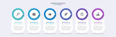 Yatay ilerleme çubuğunda iş stratejisinin ve ilerlemenin altı aşamasını sembolize eden 6 ok şeklindeki unsurlar yer alıyor. Temiz zaman çizelgesi bilgi tasarım şablonu. Sunum için vektör.