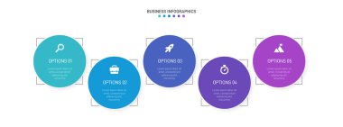 Yatay ilerleme çubuğunda, iş stratejisinin ve ilerlemenin beş aşamasını sembolize eden 5 ok şeklinde element yer alıyor. Temiz zaman çizelgesi bilgi tasarım şablonu. Sunum için vektör.