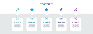 Yatay ilerleme çubuğunda, iş stratejisinin ve ilerlemenin beş aşamasını sembolize eden 5 ok şeklinde element yer alıyor. Temiz zaman çizelgesi bilgi tasarım şablonu. Sunum için vektör.