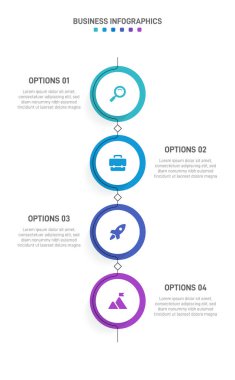 Dikey ilerleme çubuğunda, iş stratejisi ve ilerlemenin dört aşamasını sembolize eden 4 ok şeklindeki unsurlar yer alıyor. Temiz zaman çizelgesi bilgi tasarım şablonu. Mobil sunum için vektör