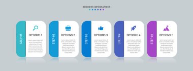Yatay ilerleme çubuğunda, iş stratejisinin ve ilerlemenin beş aşamasını sembolize eden 5 ok şeklinde element yer alıyor. Temiz zaman çizelgesi bilgi tasarım şablonu. Sunum için vektör.