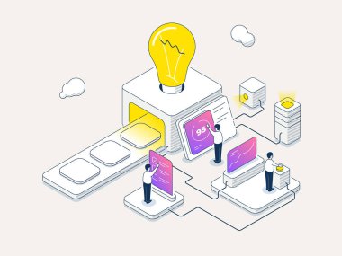 Taşıyıcı bantlı otomatikleştirilmiş fabrika üretim hattı, dijital kontrol panellerinde çalışan işçiler, yenilikçi modern üretim endüstrisini sembolize eden parlayan ampul. Isometric kontur vektör illüstrasyonu.