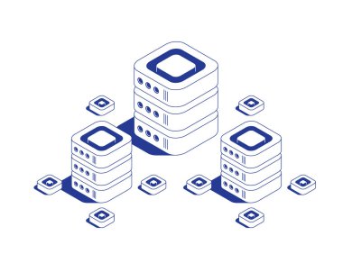 Ağ depolama konsepti için soyut veri girişi veya engelleme zinciriyle ağ sunucu altyapısını temsil eden çeşitli boyutlardaki sunucu rafları içeren izometrik vektör ilüstrasyonuna ev sahipliği yapmak