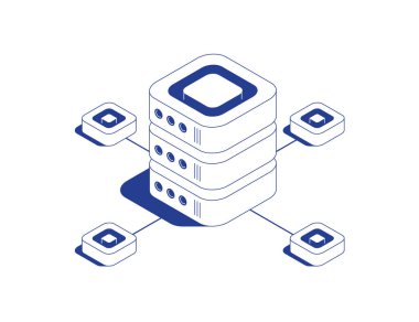 Veri kablolarına bağlı küçük sunucularla çevrili büyük sunucu rafı ile sunucu odası izometrik illüstrasyonuName