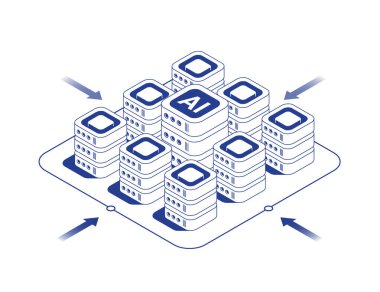 Veri merkezi sunucu odası izometrik illüstrasyonu, ana sunucu rafı ile çevrili, veri kabloları ve oklarla bağlı, bilgi akışını çizgi kontur vektör biçimi içinde gösteren küçük sunucular.