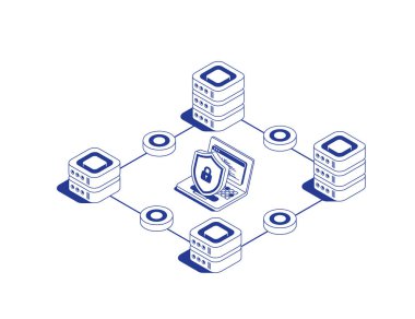 İzometrik çizgi çizgisi çiziminde siber korumayı sembolize eden veri akışı, dizüstü bilgisayar ve güvenlik kalkanı ile birbirine bağlı 4 sunucu rafı ile güvenli veri merkezi kavramı