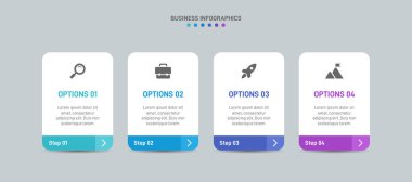 Yatay ilerleme çubuğunda 4 ok şeklindeki elementler iş stratejisinin ve ilerlemenin dört aşamasını sembolize eder. Temiz zaman çizelgesi bilgi tasarım şablonu. Sunum için vektör.