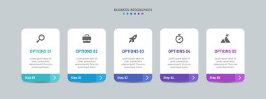 Yatay ilerleme çubuğunda, iş stratejisinin ve ilerlemenin beş aşamasını sembolize eden 5 ok şeklinde element yer alıyor. Temiz zaman çizelgesi bilgi tasarım şablonu. Sunum için vektör.