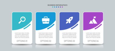 Yatay ilerleme çubuğunda 4 ok şeklindeki elementler iş stratejisinin ve ilerlemenin dört aşamasını sembolize eder. Temiz zaman çizelgesi bilgi tasarım şablonu. Sunum için vektör.