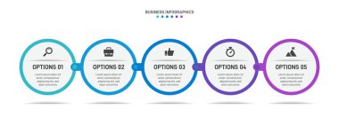Beş ok şeklindeki elementten oluşan ilerleme çubuğu, iş stratejisi ve ilerlemenin beş aşamasını sembolize ediyor. Temiz zaman çizelgesi bilgi tasarım şablonu. Mobil sunum için vektör