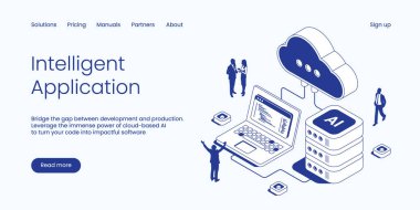 Akıllı Uygulama Geliştirme, Bulut Yapay Zeka Gücü ve Hevesli Ekip Kod Yayılımı. Teknoloji Isometric 3d Çizgi Vektörü İllüstrasyonu