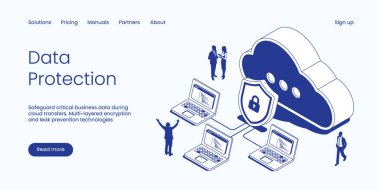 Bulut Aktarımları sırasında çok katmanlı şifreleme ve sızıntıyı önleme teknolojileri ile Kritik İş Verilerinin Korunması. Teknoloji Isometric 3d Çizgi Vektörü İllüstrasyonu