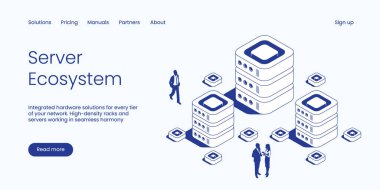 Sunucu Ekosistemi, Entegre Donanım Çözümleri Yüksek Yoğunluklu Raflar ve Ağ Katları İçin Kusursuz Uyum içinde Çalışan Sunucular. Teknoloji Isometric 3d Çizgi Vektörü İllüstrasyonu