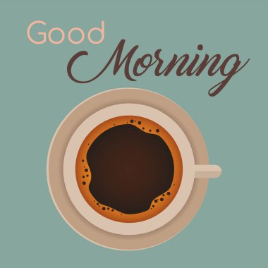 Günaydın, mavi arka planda kahve fincanı.