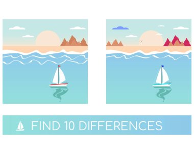 Sahilde, deniz ve gemiyle on farklılık bul. Gemi ve denizden oluşan çocukların oyun kağıtları. Eğitim bulmacası