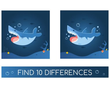 Denizde köpekbalığı ve balıklarla on farklılık bul. Balıklı oyun köpekbalığı. Eğitim bulmacası.