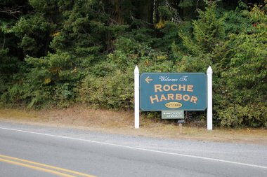 Friday Harbor, Washington, United States - 09-11-2021: A view of a town entrance sign for Roche Harbor.