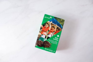 Los Angeles, California, United States - 03-01-2022: A top down view of a Girl Scouts cookie box, featuring Thin Mints.