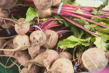 Büyük bir pancar yığını yerel bir çiftçi pazarında sergileniyor..
