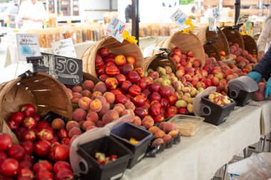 Los Angeles, Kaliforniya, ABD - 05-20-2022: Torrance Çiftçi Pazarı 'nda görülen şeftali ve nektarların yer aldığı bir masa dolusu taze çiftçi pazarı meyvesi.