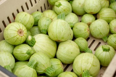 Yerel bir çiftçi pazarında sergilenen bilardo topu dolu bir sandık manzarası..