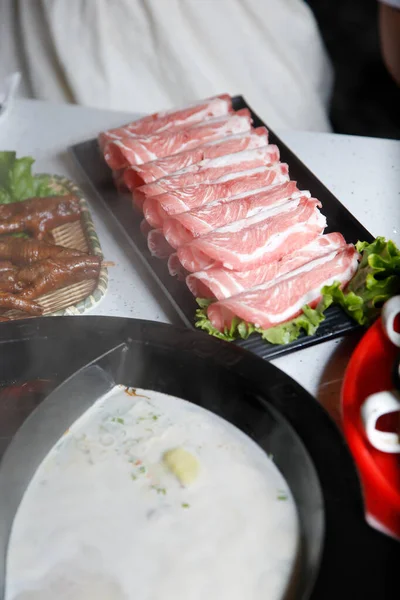 View All Elements Hot Pot Meal Featuring Plate Raw Beef — Stock Photo, Image