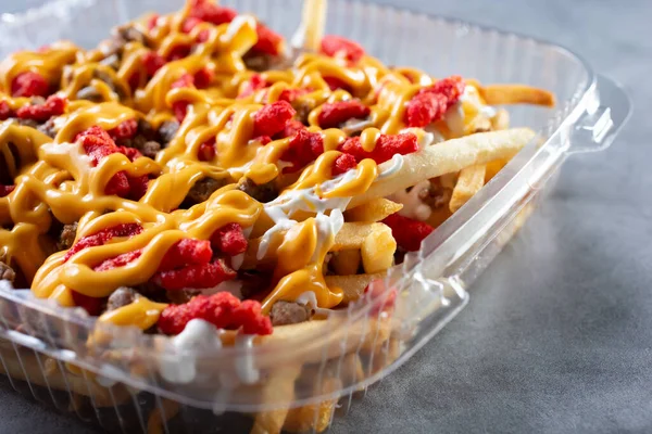 View Plastic Container Loaded French Fries — Stock Photo, Image
