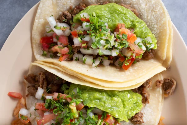 Una Vista Arriba Hacia Abajo Dos Tacos Carne Asada Plato — Foto de Stock