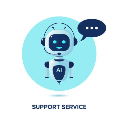 Destek servisi. Konuşma balonu olan robot. Düz biçim vektör illüstrasyonu.